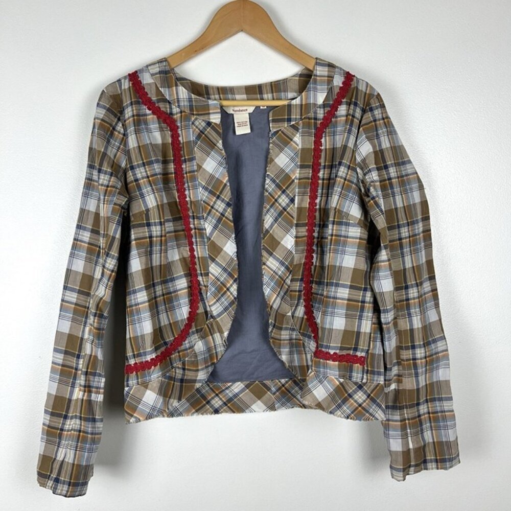 Sundance Jacket Womens 10 Plaid Open Front Ric Rac Trim Cotton Lightweight Lined